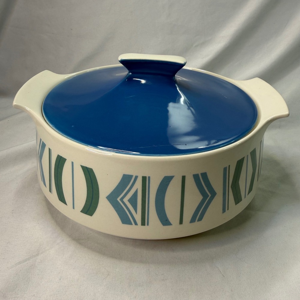 Vintage Caldor Ovenware Mazurka Casserole Dish Lid Blue Green Geometric England